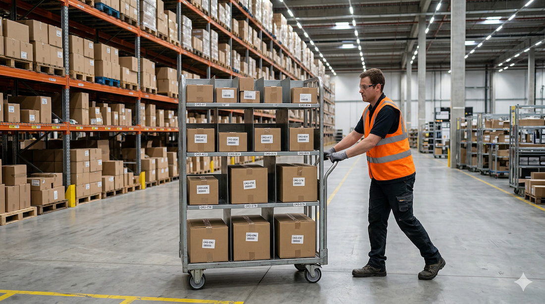 Método pick to cart con carro de picking multinivel para preparar pedidos simultáneos