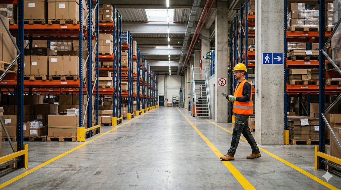 Señalización de pasillos en almacén para prevenir accidentes durante la preparación de pedidos