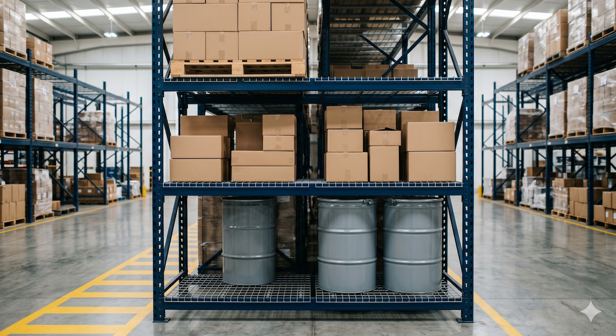 Rack selectivo con wire deck almacenando tarima de cajas, cajas sueltas sin paletizar y tambos metálicos en niveles distintos