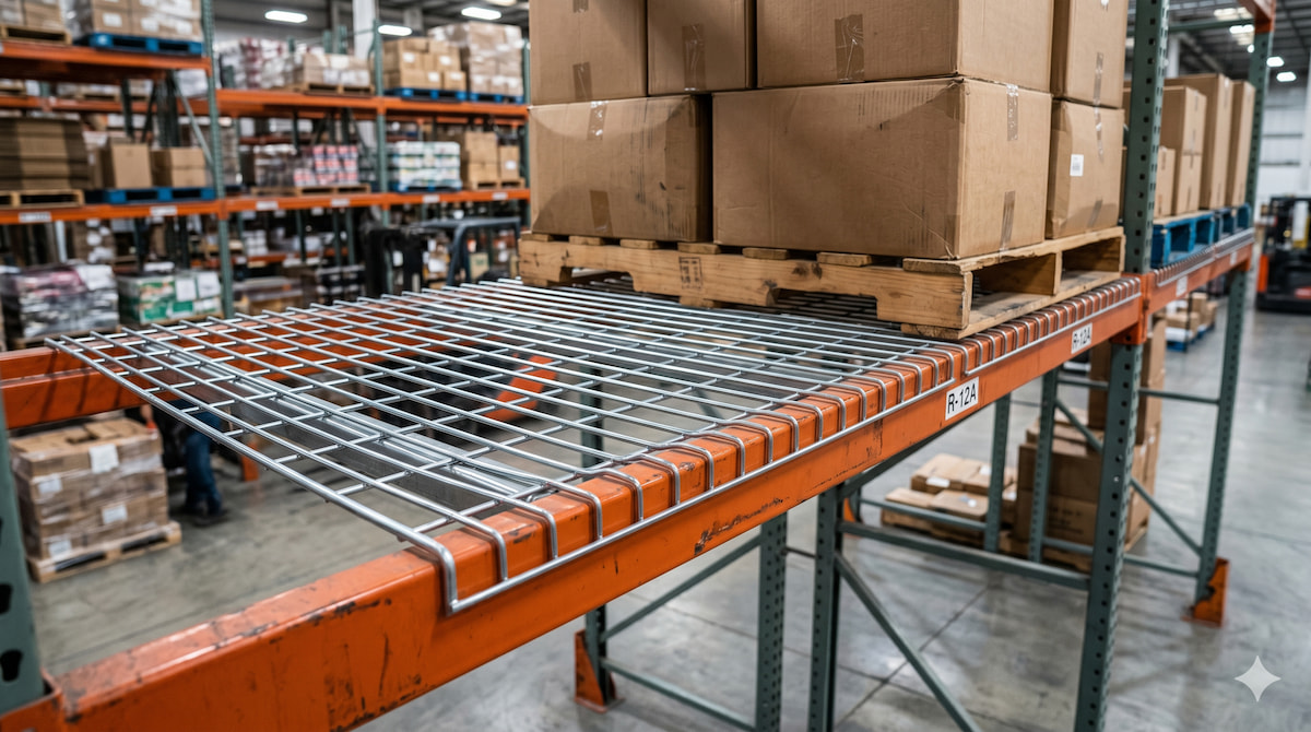 Parrilla wire deck de alambre soldado galvanizado apoyada sobre las vigas naranjas de un rack selectivo