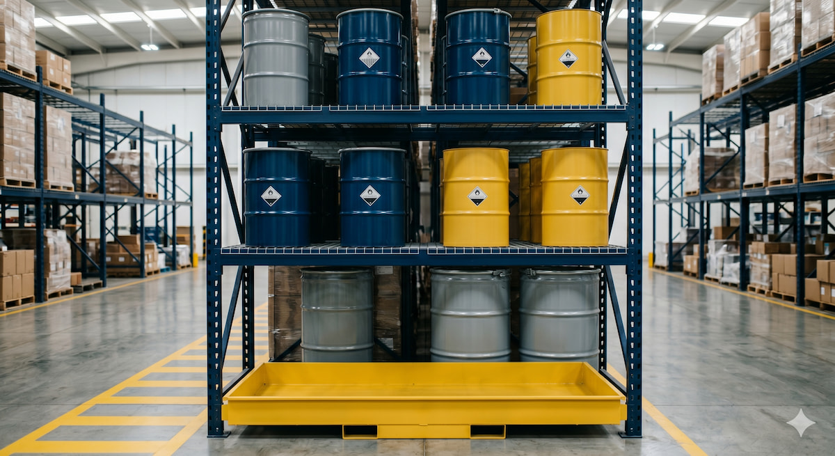 Rack con wire deck para almacenamiento de tambos de residuos peligrosos sobre bandeja antiderrame amarilla