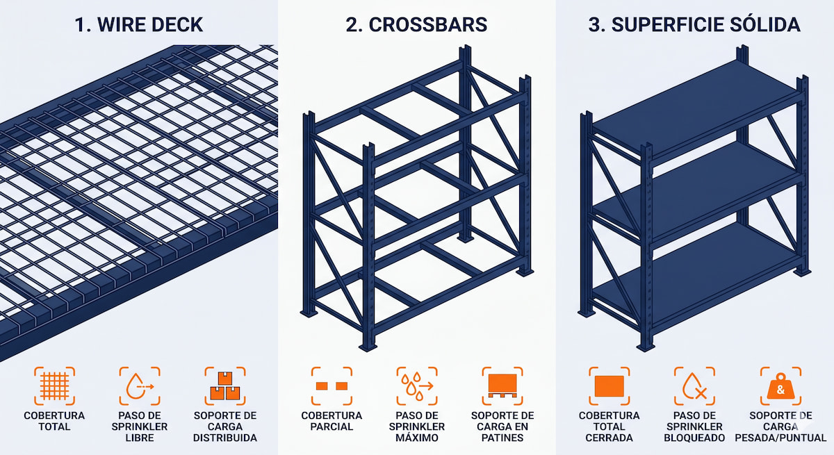 Comparativa visual entre wire deck, crossbars y superficie sólida según cobertura, paso de sprinkler y soporte de carga