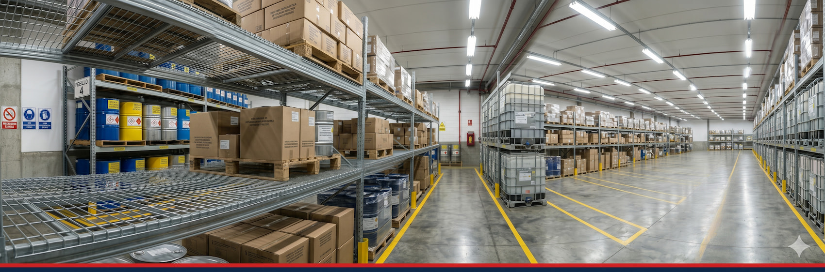 Almacén industrial con racks selectivos equipados con wire deck para almacenamiento de tambos, cajas y carga no paletizada