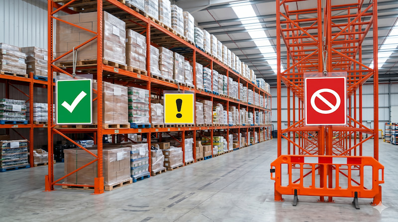 Tres módulos de rack industrial señalizados con tarjetas verde, amarilla y roja indicando los tres niveles de severidad del daño estructural según la clasificación del RMI.