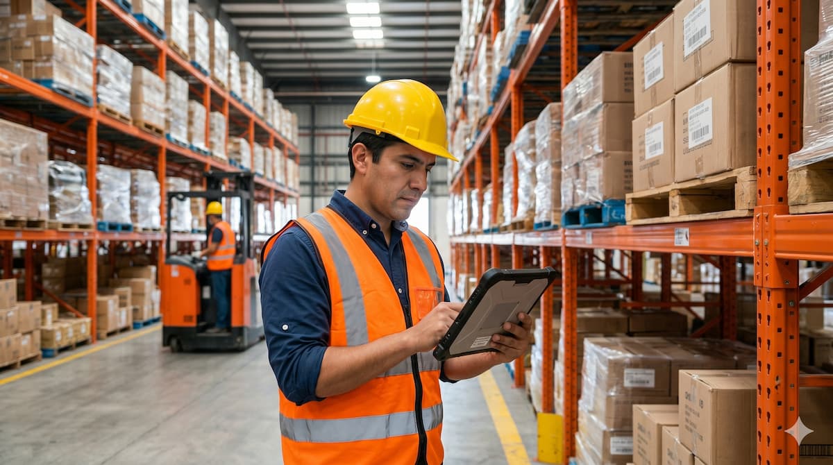 Supervisor de almacén revisa con tablet el índice de rotación y los niveles de stock en el rack selectivo