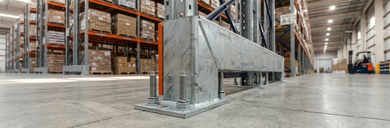 Placa base de un puntal de rack anclada al piso de concreto con pernos