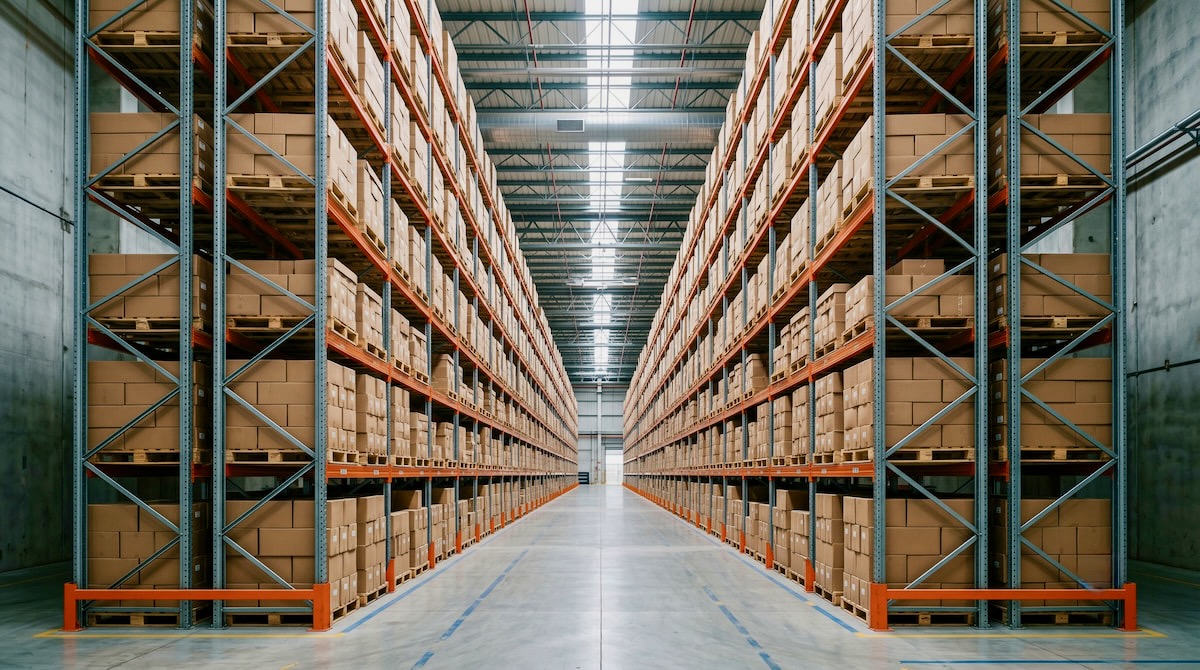 Pasillo de rack selectivo con múltiples posiciones de pallet ocupadas por tarimas