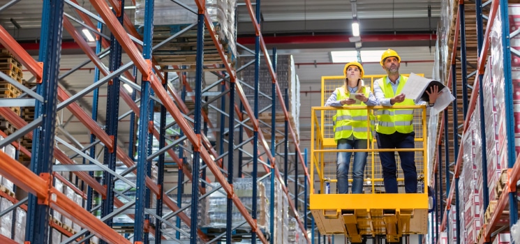 Dos trabajadores analizando los riesgos en almacenes