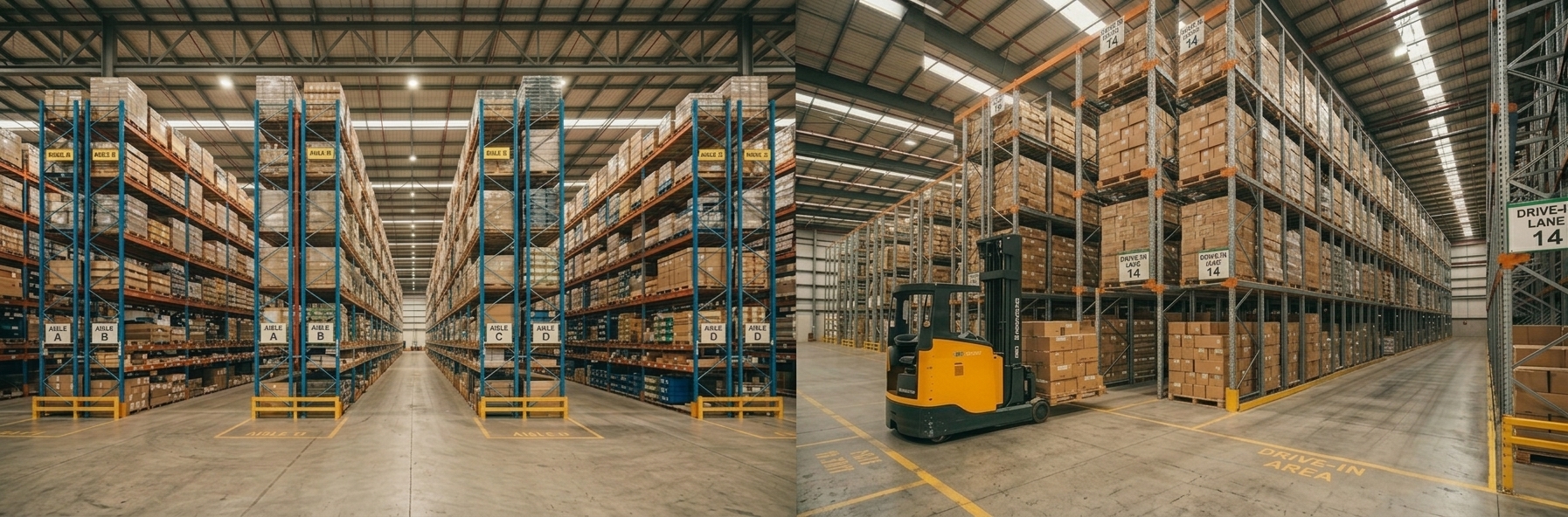 Comparison between selective pallet racks and drive in racks